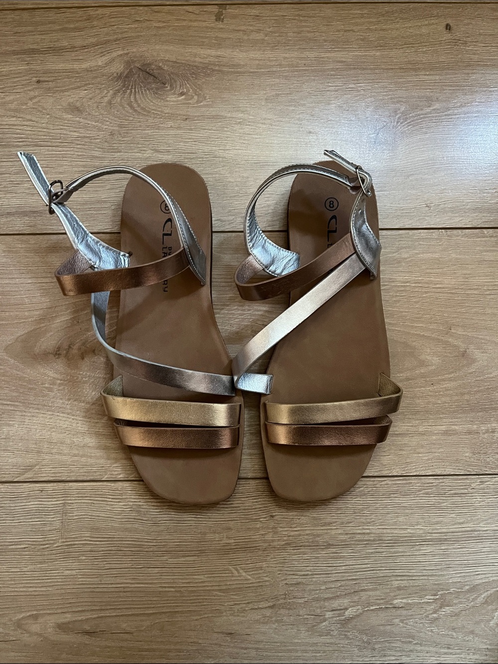 CL by Laundry Metallic Multi-Strip Flat Sandals in Bronze and Silver